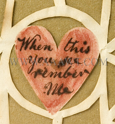 Antique Love Token, Friendship Token, Cutwork and Watercolor, J.W. Rogers, heart detail 1